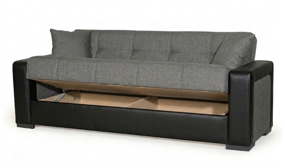 Canapea extensibila, Meda, cu lada de depozitare, 215 x 80 x 80 cm, Gri/Negru